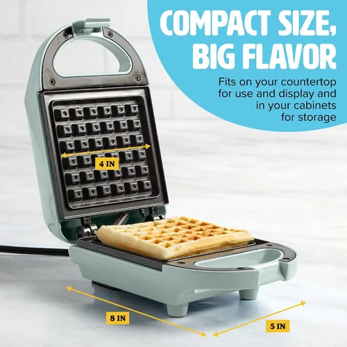 Vista 3 de Tasty Mini - Gofrera antiadherente, perfecta para gofres individuales, hash browns, brownies y más, resultados rápidos, fácil de limpiar, 600W, Agua