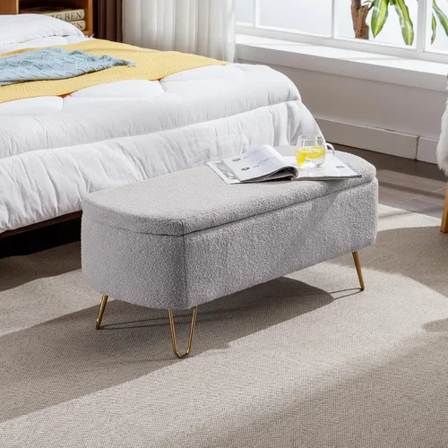 Vista 8 de TTK Otomana con almacenamiento para dormitorio, moderno banco otomano de piel sintética con patas de metal dorado, banco de entrada largo de sherpa