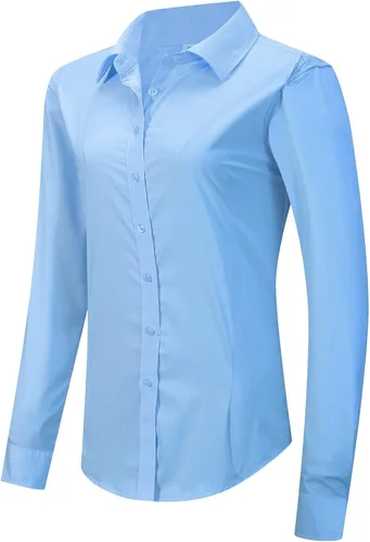 Vista 11 de MGWDT Camisa de trabajo con botones para mujer, ajustada, resistente a las arrugas, manga larga/corta, elástica, ligera