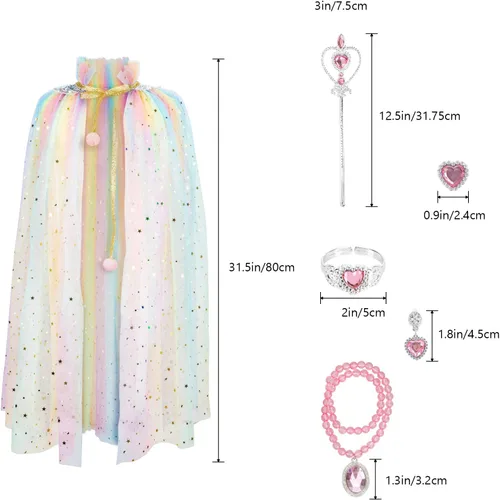 Vista 6 de Fedio Juego de capa de princesa, 7 piezas, capa de princesa con corona de tiara, varita para niñas pequeñas (arcoíris)