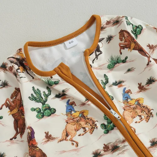 Vista 3 de Lamuusaa Ropa occidental para bebé, niña, niño, manga larga, estampado de vaca, mameluco con cremallera, overol de una pieza para otoño e invierno