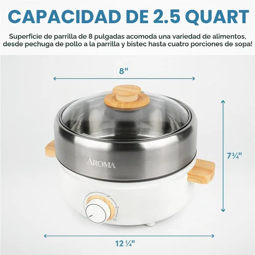 Vista 5 de Aroma Housewares AMC-130 Whatever Pot, parrilla de interior, cocina, olla caliente con tapa de vidrio, asas de bambú, 2.5 L, acero inoxidable/blanco