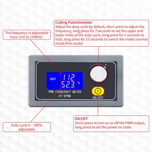 Vista 2 de Generador de señal XY-KPWM Generador PWM de 1 canal 1Hz-150kHz Modo dual PWM Frecuencia de pulso Módulo generador de señal de onda cuadrada Pantalla