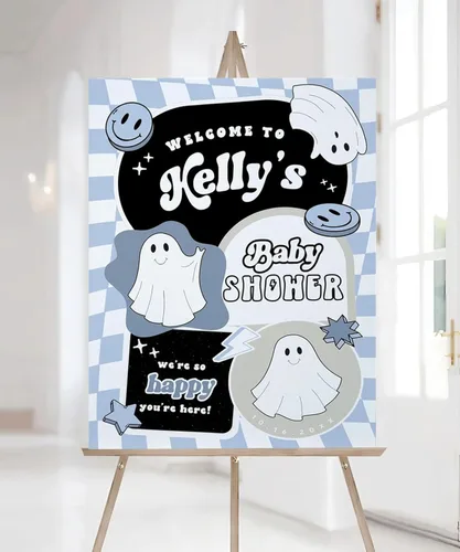Vista 5 de Letrero de bienvenida de calabaza azul para baby shower con nombre personalizado, decoración de fiesta temática de calabaza pequeña para niño