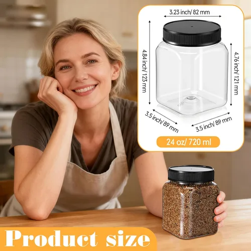 Vista 2 de Nosiny 6 tarros de plástico transparente de 24 onzas con tapas, recipientes cuadrados de plástico grandes para dulces con tapas de rosca, Negro