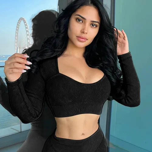Vista 2 de Conjunto de entrenamiento para mujer, 3 piezas de manga larga y manga corta, sin costuras, acanalado, con lavado ácido, para yoga, leggings