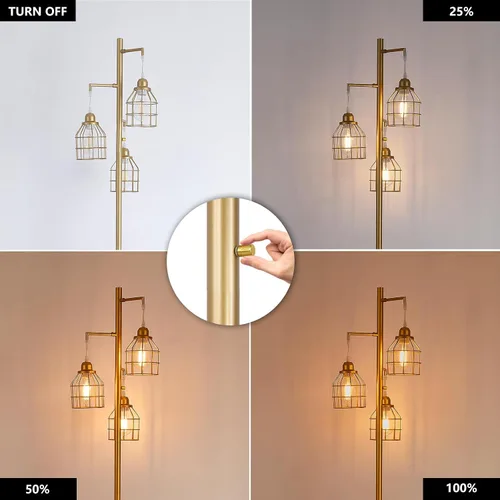 Vista 2 de 9MMML Lámpara de pie dorada regulable, lámpara de pie alta industrial dorada para sala de estar, dormitorio, oficina, pantalla de 3 jaulas