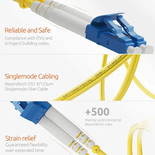 Vista 3 de Cable de conexión de fibra LC a LC de 1m (3.28 pies) – Cable de fibra óptica dúplex monomodo UPC – núcleo de 9/125µm, compatible con OS1 y OS2