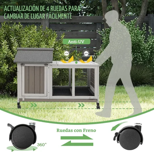 Vista 2 de Gowoodhut Conejera de 38.19 pulgadas de largo para interiores y exteriores con 4 ruedas, jaula de madera para conejo con bandeja extraíble a prueba