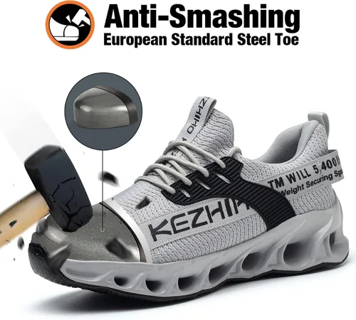 Vista 2 de Kezhiho Zapatos con punta de acero para hombre, ligeros, cómodos, transpirables, a prueba de pinchazos, antideslizantes, a la moda, zapatos