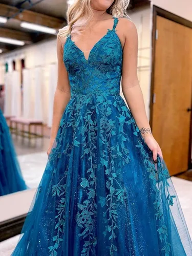 Vista 4 de Vestidos de graduación de tul con purpurina para mujer, cuello en V, apliques de encaje, vestidos largos de baile, tirantes delgados, vestido