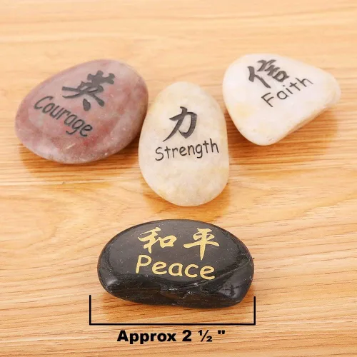 Vista 2 de ROCKIMPACT 16 piedras grabadas con símbolos kanji japoneses, chinos, personajes Han Hanja, piedra zen, piedra zen, piedra pulida natural