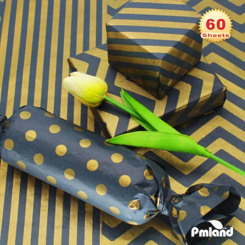 Vista 6 de PMLAND Papel de seda de alta calidad para envolver regalos, color negro metálico dorado con rayas zigzag, 20 x 14 pulgadas, 60 hojas