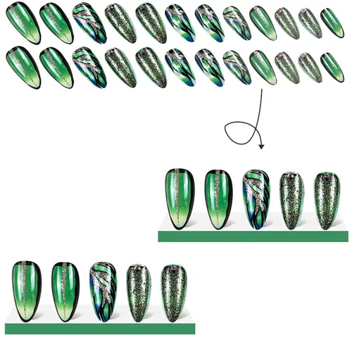 Vista 2 de Uñas acrílicas artificiales de punta francesa verde – Forma de almendra de longitud media con diseño de diamantes de imitación 3D de lámina dorada