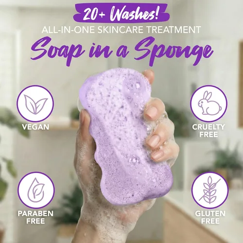 Vista 3 de Spongeables Jabón corporal en una esponja de más de 20 lavados, bayas de acai, 1 unidad