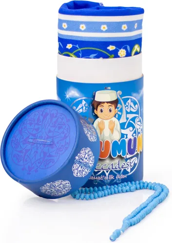 Vista 3 de Alfombra de oración musulmana y cuentas de oración con elegante caja de regalo, juego de regalos islámicos, tapete de alfombra de oración (azul)