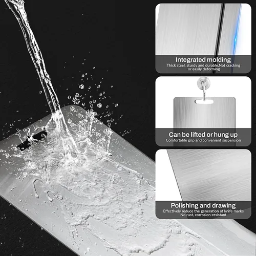 Vista 2 de Tablas de cortar de acero inoxidable para cocina, tabla de cortar de doble cara resistente con asa, tabla de cortar de metal grueso (11.4 x 7.9 in)