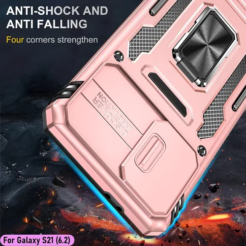 Vista 7 de Funda resistente para Samsung Galaxy S21, protector híbrido de goma de doble capa de grado militar con protector de cámara deslizante, soporte