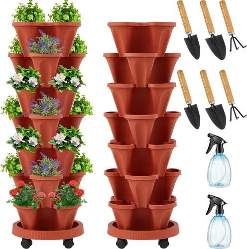Vista 11 de Umigy Juego de 2 macetas verticales de 7 niveles, apilables, macetas de fresa, hierbas y verduras, macetas de jardinería para interiores