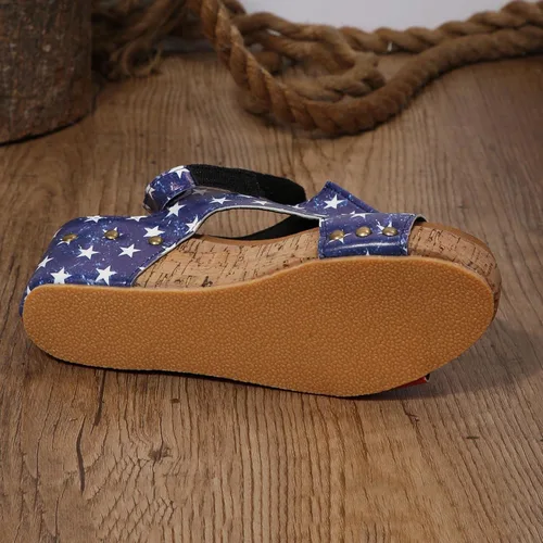 Vista 5 de DDAPJ pyju Patriotic Wedge Sandals for Women American Flag Print Open Toe Sandals Adjustable Ankle Strap Platform Sandals