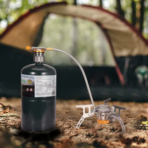 Vista 7 de Camping Stove Adapter Propane to Butane Adapter 1 Lb Propane Tank Input EN417 Lindal Valve Output w/Butane Canister Nozzle Input EN417 Lindal Screw