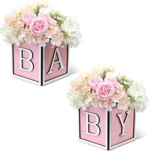 Vista 14 de Juego de 4 centros de mesa de baby shower para mesas, cajas de madera de 6 pulgadas con letras de bebé, cubos rústicos, bloques de madera para Rosa