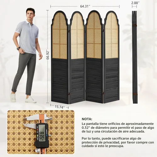 Vista 2 de Divisor de habitación de madera de 4 paneles, pantalla de privacidad plegable, pared divisora de habitación de ratán, pared divisora de madera