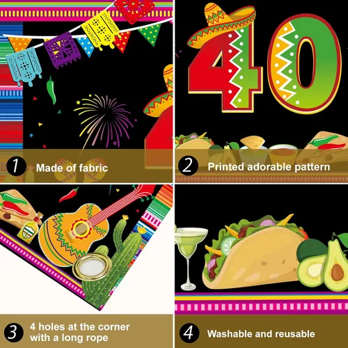 Vista 6 de Cartel de feliz cumpleaños 40 para hombres y mujeres, suministros de fiesta de cumpleaños mexicano de 40 años, póster de fondo para cabina de fotos