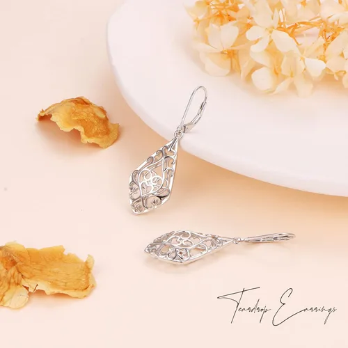 Vista 6 de Aretes colgantes de filigrana con forma de lágrima de plata de ley, regalos de joyería para mujer