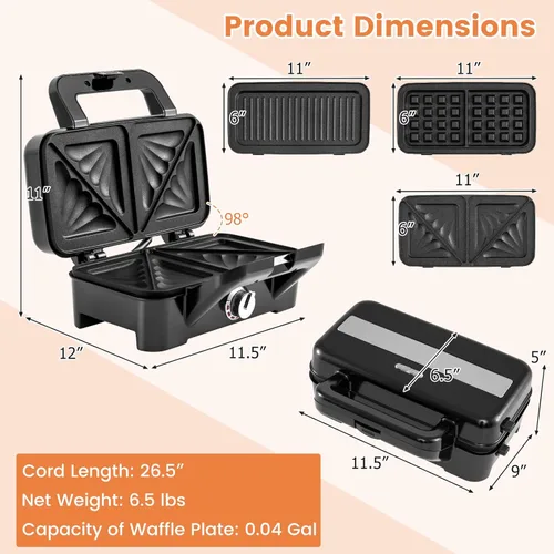 Vista 8 de BECOMFORT Máquina de gofres 3 en 1, prensa de sándwich con 3 placas antiadherentes extraíbles, luces indicadoras, mango de tacto frío, sandwich