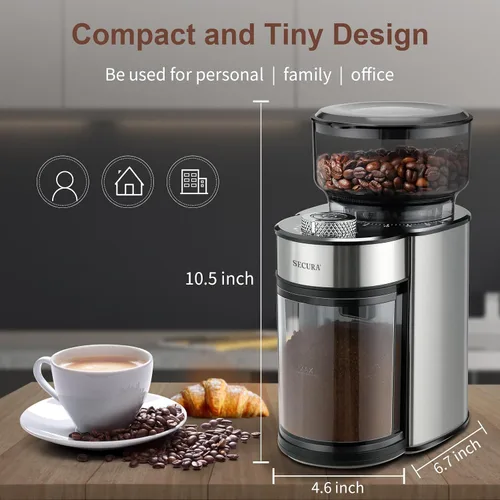 Vista 6 de Secura Molinillo de café eléctrico con 25 ajustes precisos de molienda, 2-12 tazas