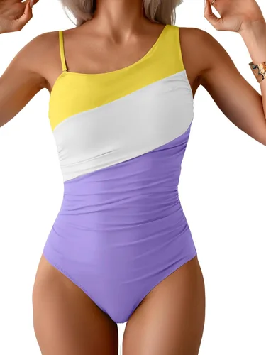 Vista 20 de Aidonger Traje de baño de una pieza con un hombro para mujer, traje de baño de bloque