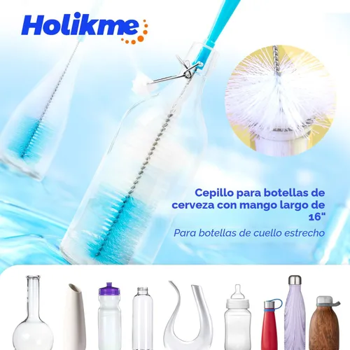 Vista 3 de Holikme Juego de Cepillos para Tubos de Limpieza de Botellas con Lab con Mango Largo, Limpiador de Tazas para Lavar Botellas de Cuello Estrecho Azul