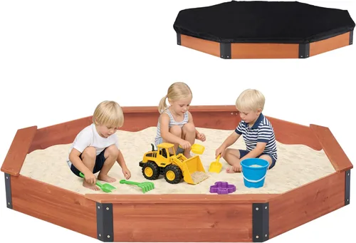 Vista 8 de Cajón de arena de 64"x56"x8.5" octogonal con cubierta para juegos al aire libre de niños, arenero grande de madera con 4 bancos, instalación rápida