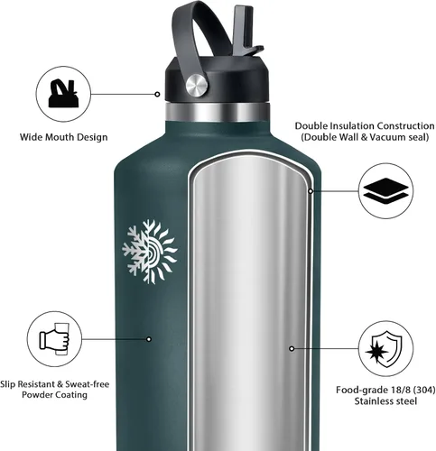 Vista 3 de Botella de agua aislada de 64 onzas, botella de acero inoxidable al vacío de triple pared, 48 horas frías y calientes 24 horas, jarra a prueba