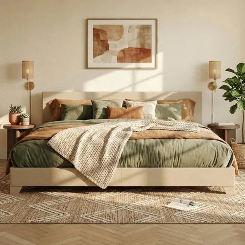 Vista 17 de SHA CERLIN Base de cama tamaño King con cabecera ajustable, plataforma tapizada de piel sintética con listones de madera, base de colchón estable
