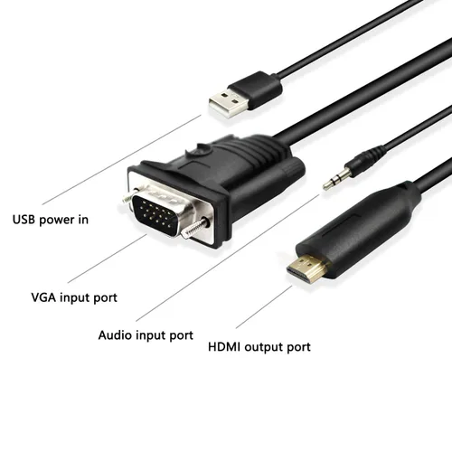 Vista 2 de Adaptador convertidor VGA a HDMI macho de 5.9 ft con cable convertidor de video HD 1080P con cable de audio de 0.138 in y cable de alimentación USB
