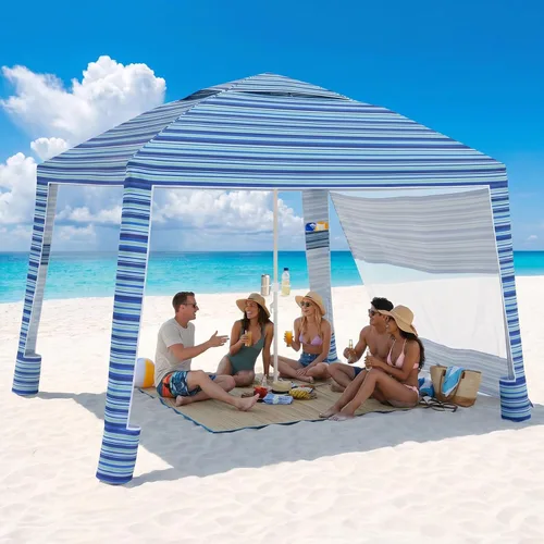 Vista 15 de Sekey Cabaña de playa de 8 x 8 pies - Toldo de playa UPF 50+ de fácil (Classic Stripe)