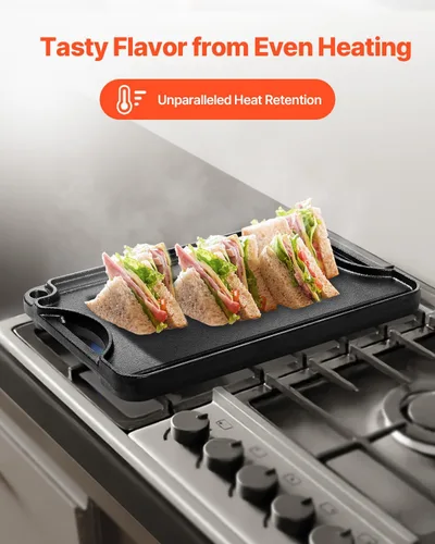Vista 7 de VEVOR Parrilla/plancha reversible, plancha de hierro fundido pre-sazonada de 14 x 8.5 pulgadas, sartén rectangular portátil con asa, utensilios