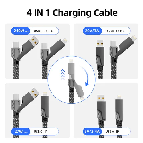 Vista 2 de Cable de carga 4 en 1 de 240 W máximo, cable USB C de carga rápida con chip E-Mark, cable USB A/C a C/Lightning, cable de carga múltiple para iPhone
