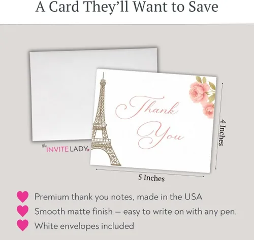 Vista 8 de Merci Thank You Cards - Notas de la Torre Eiffel, notas temáticas francesas con sobres (24 unidades) Merci Thank You Notes With Eiffel Tower For