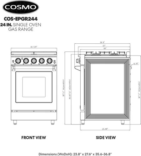 Vista 5 de COSMO COS-EPGR244 24 pulgadas Haven Collection 3.73 pies cúbicos Cocina de gas con 4 quemadores sellados, rejillas de hierro fundido, horno