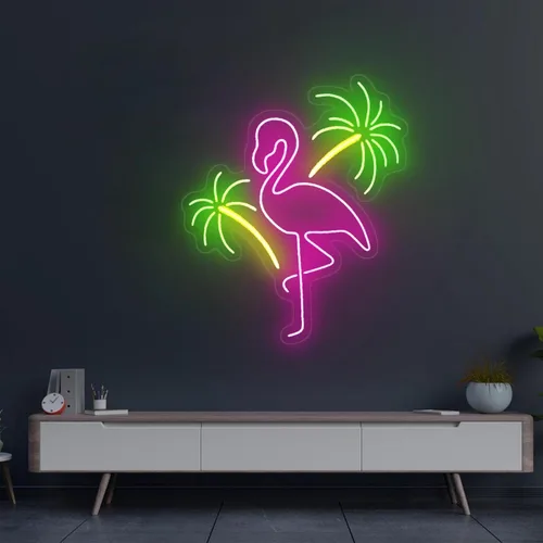 Vista 12 de Letrero de neón con diseño de flamenco y puesta de sol de 16 pulgadas para decoración de pared, flamenco rosa para fiesta, hogar, vacaciones, bar
