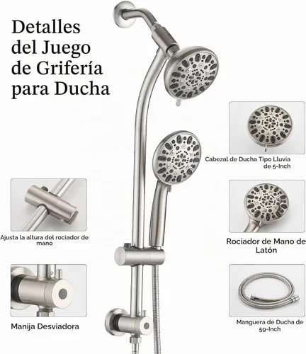 Vista 5 de Cabezal de ducha de 2 vías ajustable en altura/ángulo sin taladros de montaje instantáneo/cabezal de ducha de mano (níquel cepillado)