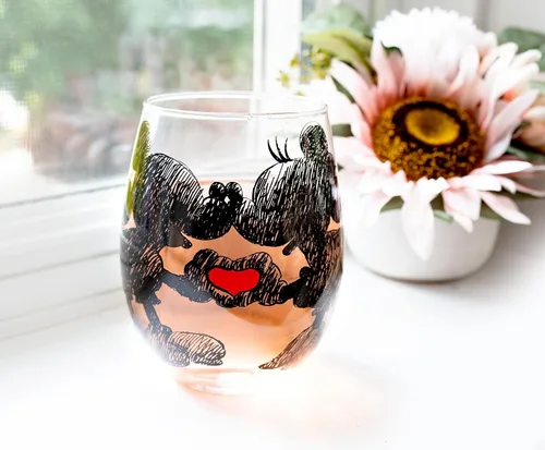 Vista 6 de Disney Copa de vino sin tallo de Mickey y Minnie Mouse con forma de lágrima de corazón, vaso para mimosas, cócteles