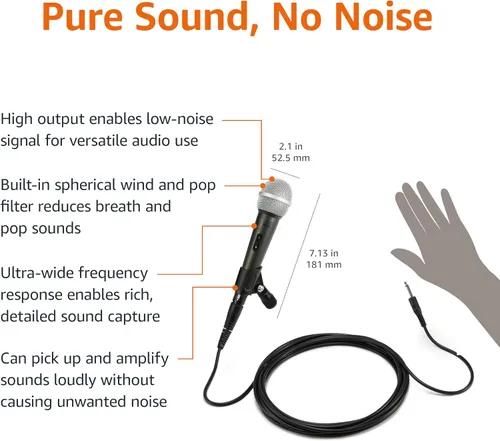 Vista 3 de Amazon Basics Micrófono dinámico: micrófono vocal profesional con cable para karaoke, podcasting, actuaciones en vivo