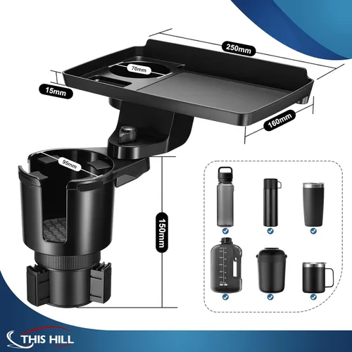 Vista 4 de Bandeja portavasos This Hill para auto, 2 en 1 Bandeja desmontable para mesa de comida con base sólida y ranura para teléfono, Expansor