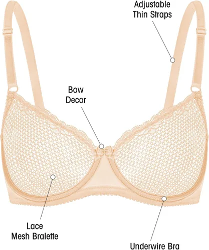 Vista 4 de Wingslove Sujetador de media copa sexy para mujer con encaje, malla con aros, copa balconette, sin forro, transparente, brasier de copa media