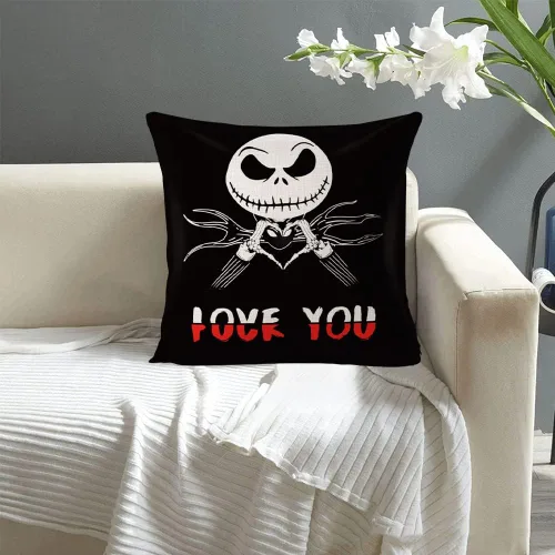 Vista 4 de Funda de almohada Jack Skellington - Decoración de Navidad, Funda de almohada Jack Love You, Funda de almohada de lino y algodón 18 x 18 pulgadas