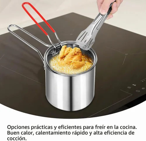 Vista 6 de Mini olla de acero inoxidable con asa y cesta coladora, mini freidoras de aceite para freidora, freidoras de grado alimenticio con tapa, olla